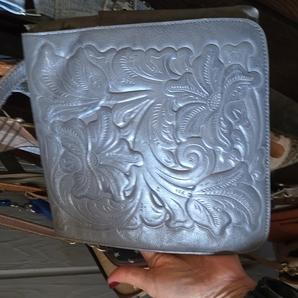 Leather purse, handbag with shoulder strap. Grey with hand tooling